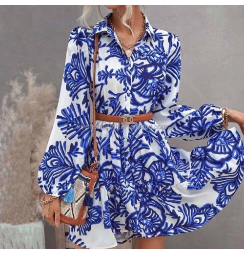 Hot Sell Custom Elegant Women's Mini Dress Long Sleeves Shirt Collar Ruffles Pleated Floral Pattern Color Women's Dress