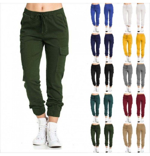 Women Cargo Pants Summer Female Loose Elastic Drawstring Pockets Solid Pencil Trousers Women's Pants & Trousers