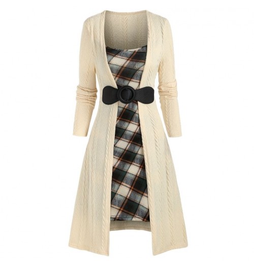 Women's Clothes Elegant Patchwork Button Plaid Print Knitted Plus-size Dress Halloween Party