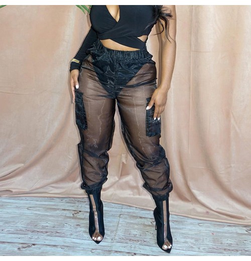 Fashionable Street Women Cargo Pants Black Color Side Pocket Loose Mesh See-through Sexy Cargo Pants Womens