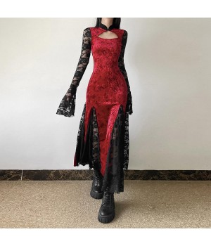 Autumn and Winter women's clothing contrast color modified new Chinese lace hollow slim dress for ladies