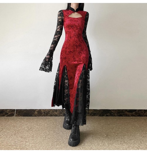 Autumn and Winter women's clothing contrast color modified new Chinese lace hollow slim dress for ladies