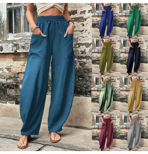 Plus Size 5XL Spring Summer Pants for Women Large Loose Solid Pants with Pockets Linen Elastic Waist Female Streetwear